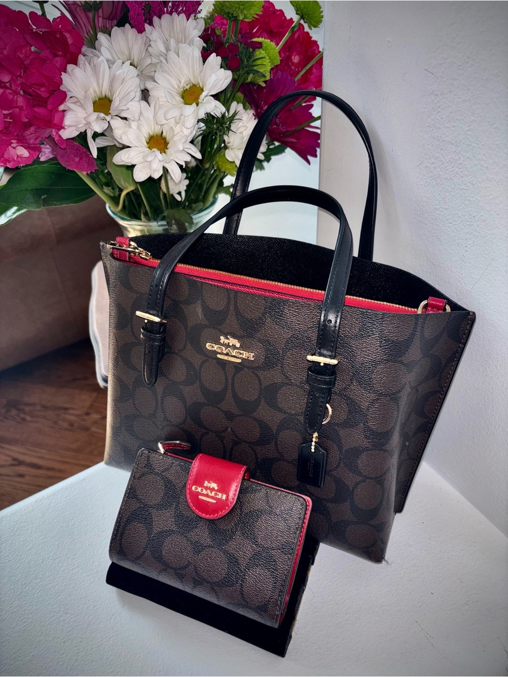 Coach Signature Mini City Tote & Matching Wallet Set Brown Black Red